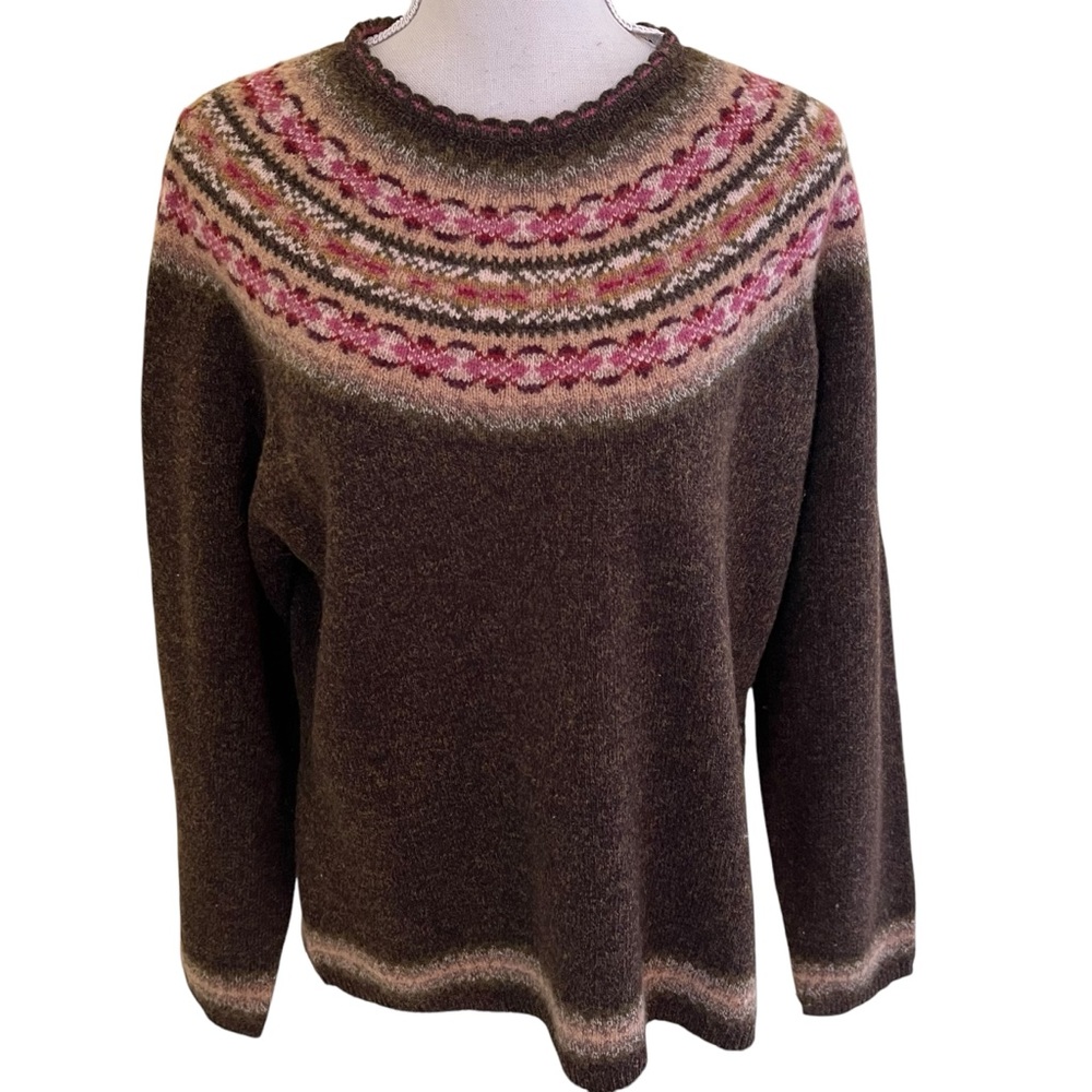 Talbots Brown and Pink Patterned Crew Neck Sweater